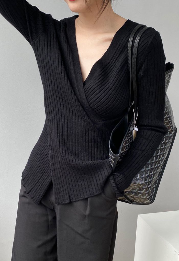 Crisscross Fitted Rib Knit Top in Black