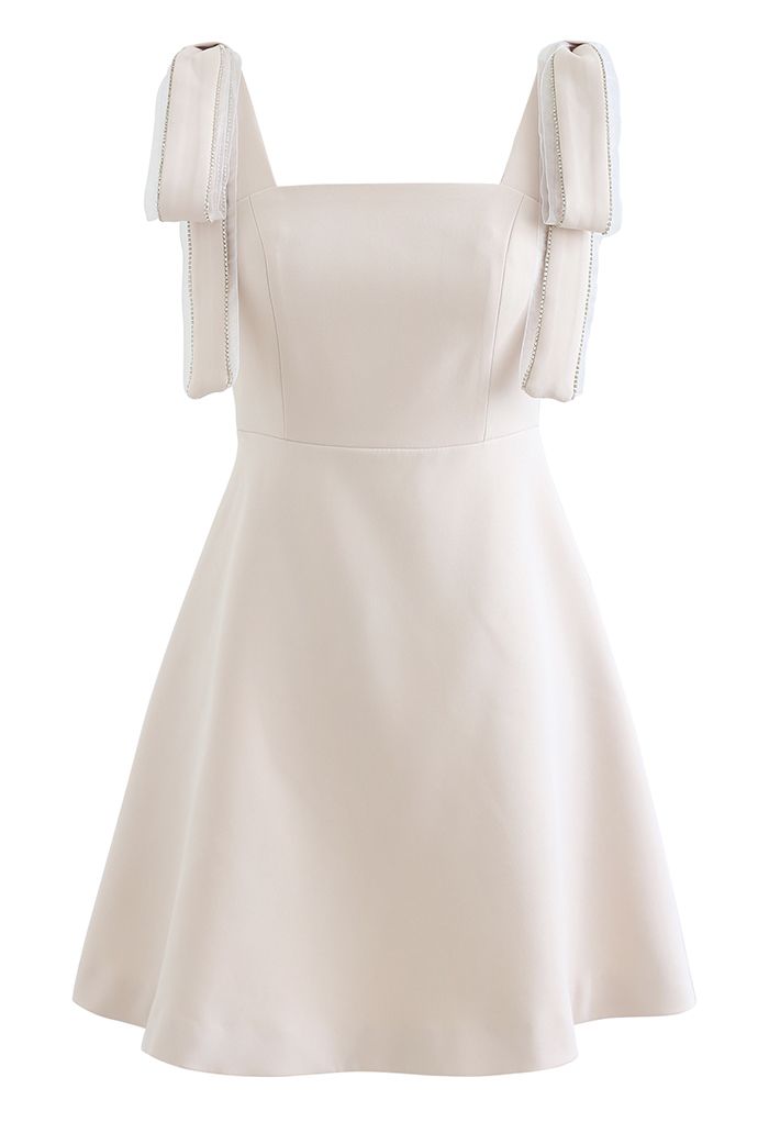 Bowknot Shoulder Crystal Edge Mini Dress in Cream