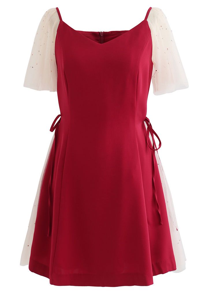 Sequined Mesh Sweetheart Neck Skater Dress in Red