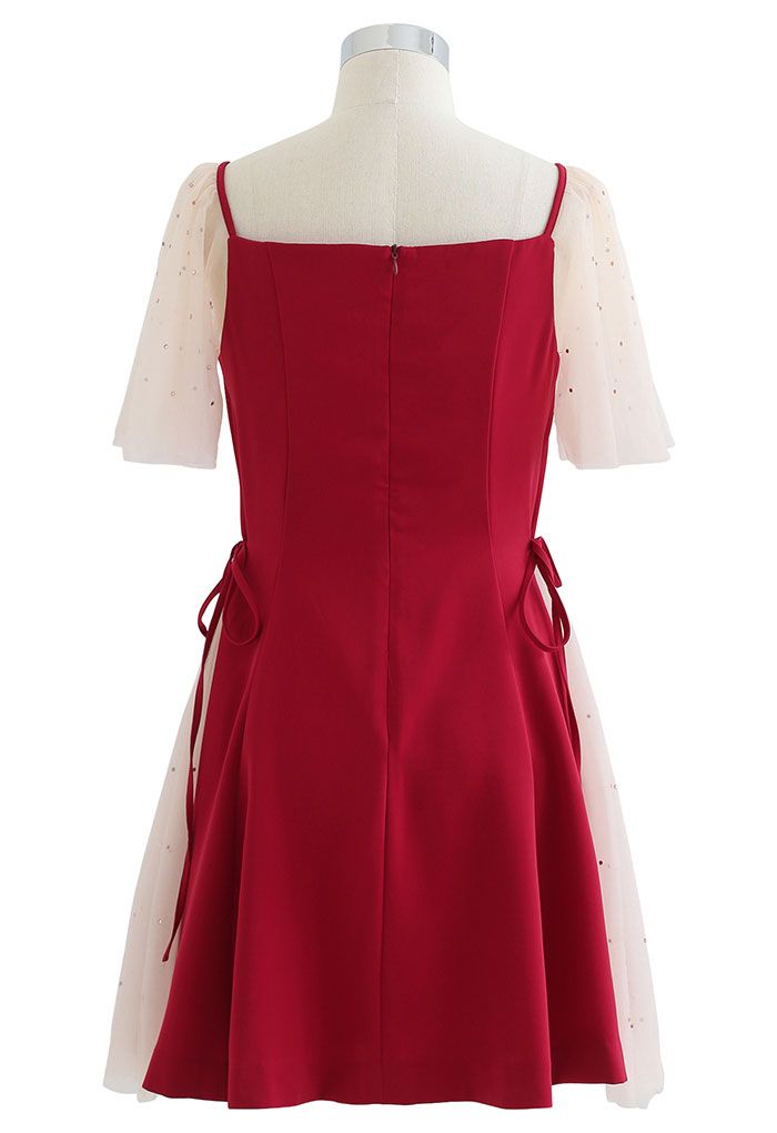 Sequined Mesh Sweetheart Neck Skater Dress in Red