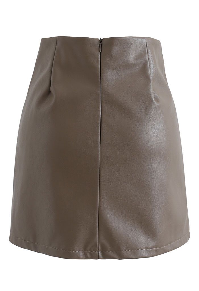 Polished Button Trim Faux Leather Bud Skirt in Brown