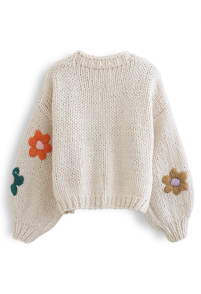 Stitch Flowers Hand-Knit Chunky Cardigan in Cream
