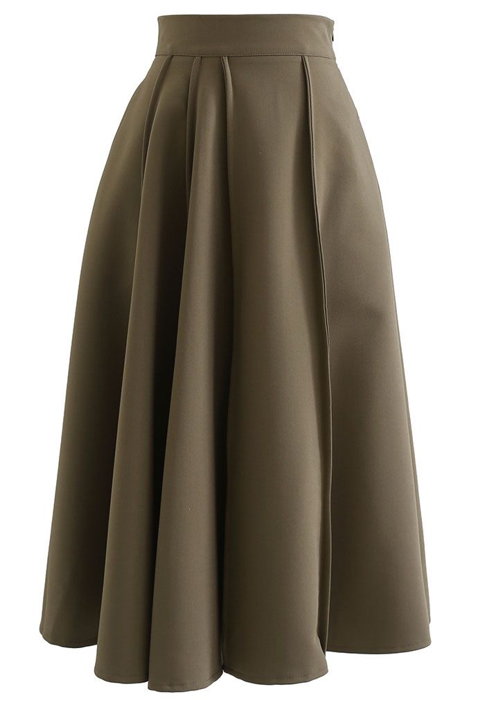 High Waist Seam Detailing A-Line Midi Skirt in Khaki