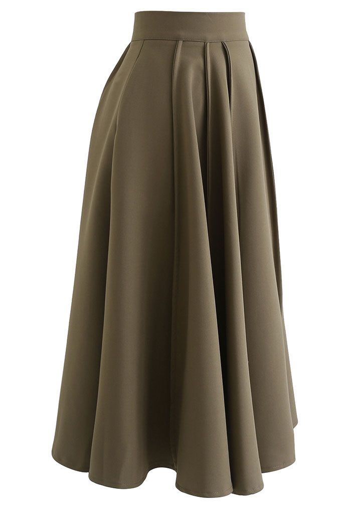 High Waist Seam Detailing A-Line Midi Skirt in Khaki