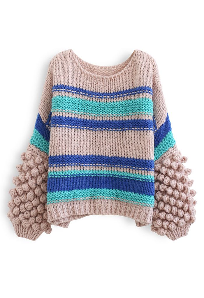Pom-Pom Sleeve Hand-Knit Chunky Sweater