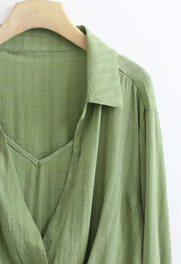 Fake Two-Piece Check Textured Crop Shirt in Green