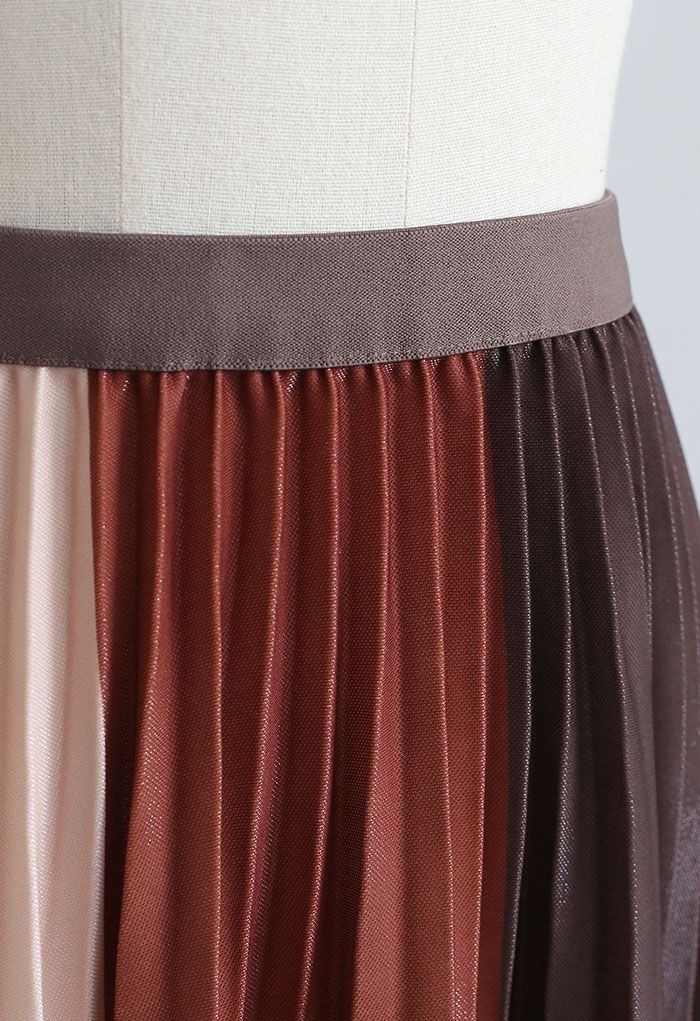 Pleated Sheen Color Block Midi Skirt in Caramel