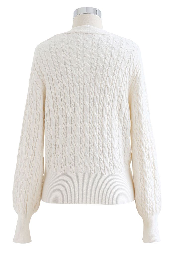 Cable Knit Wrap Front Crop Sweater in Cream