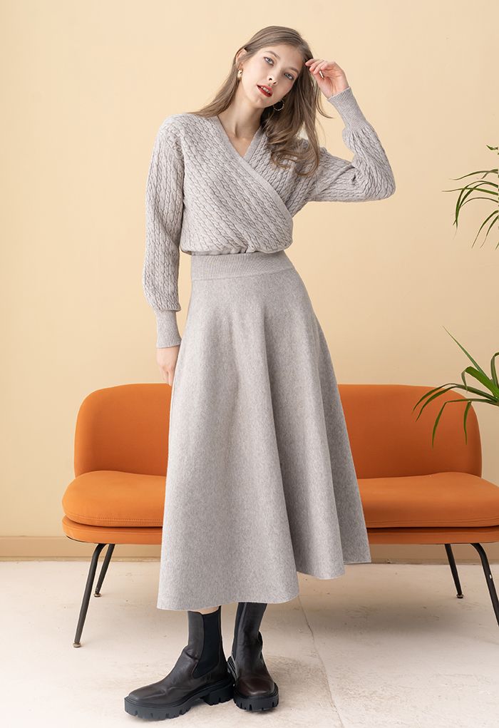 Fuzzy Soft Knit A-Line Midi Skirt in Linen