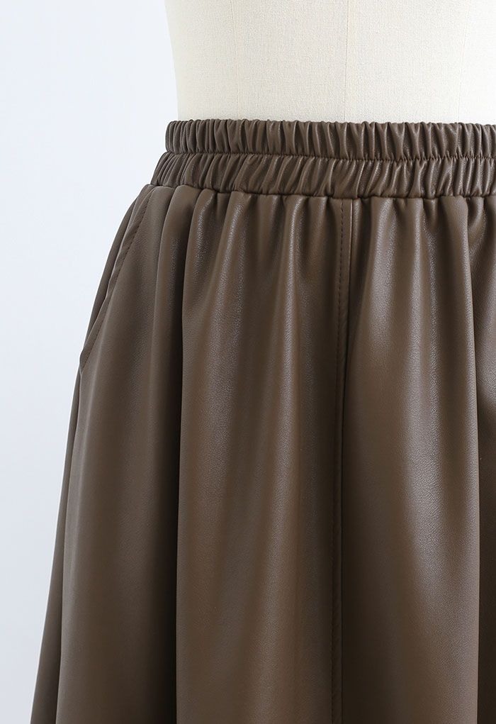 Faux Leather Side Pocket Midi Skirt in Brown