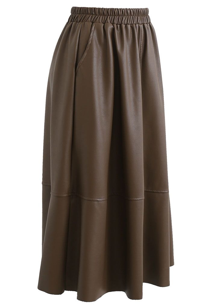 Faux Leather Side Pocket Midi Skirt in Brown