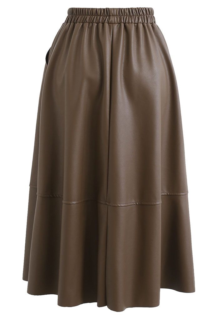 Faux Leather Side Pocket Midi Skirt in Brown