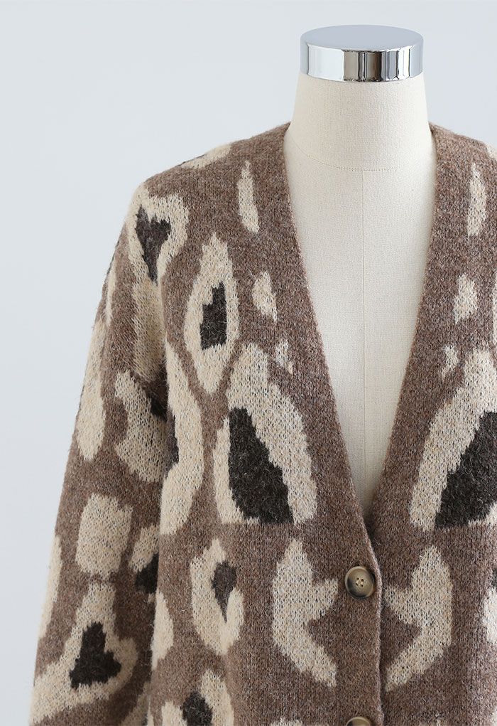 Brown Leopard Spot Printed Buttoned Cardigan