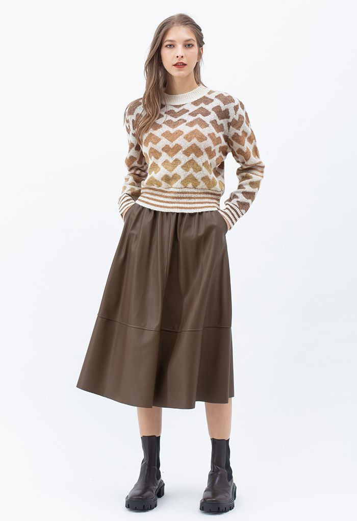 Faux Leather Side Pocket Midi Skirt in Brown