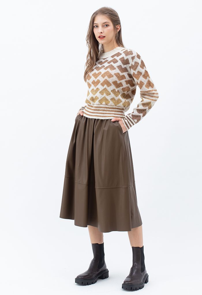 Faux Leather Side Pocket Midi Skirt in Brown