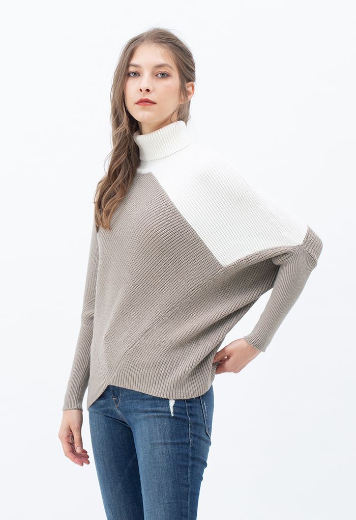 Turtleneck Batwing Sleeve Asymmetric Knit Sweater in Taupe