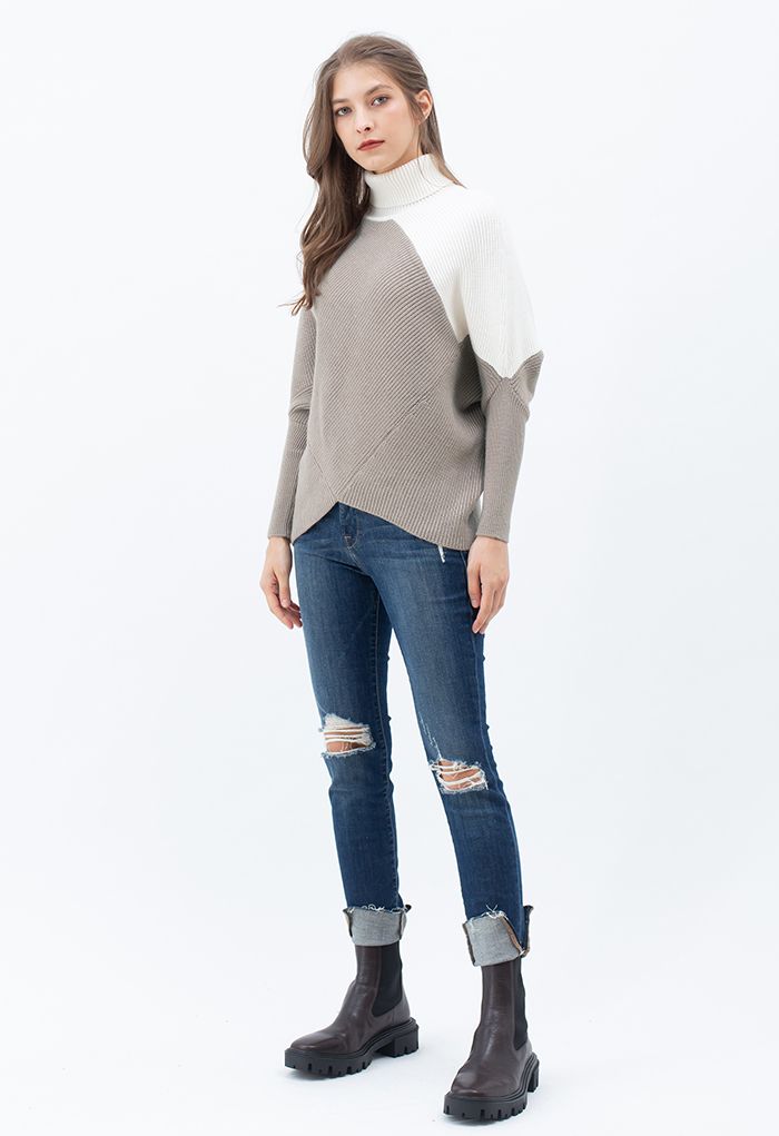 Turtleneck Batwing Sleeve Asymmetric Knit Sweater in Taupe