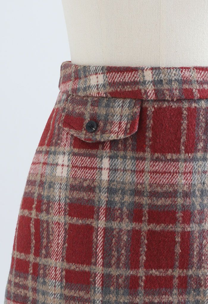 Red Plaid Wool-Blend Mini Bud Skirt