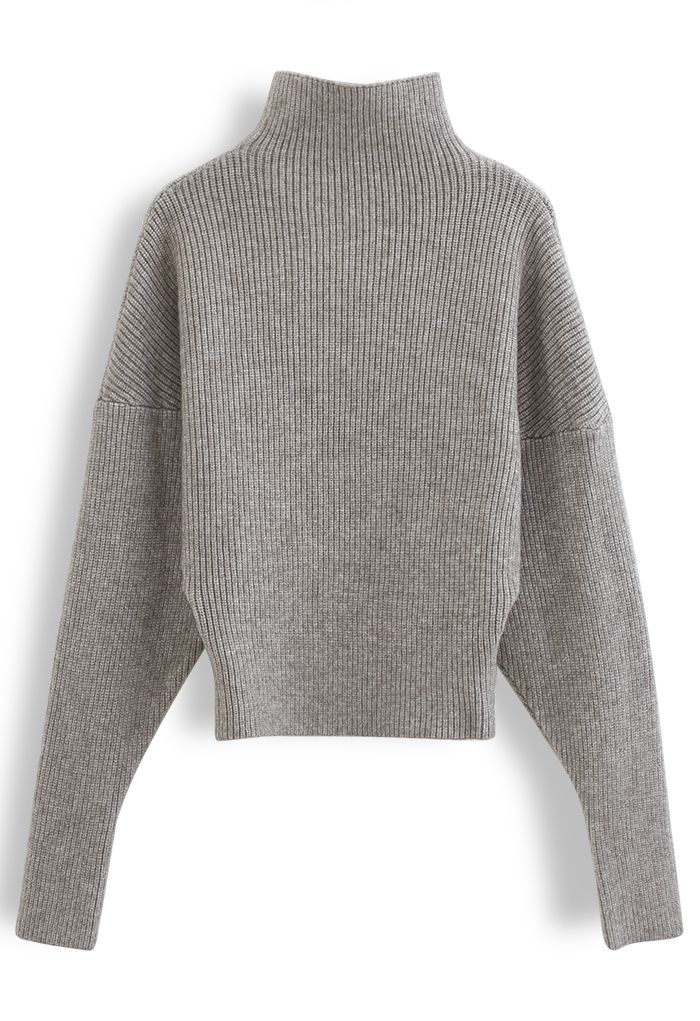 Batwing Sleeves Turtleneck Rib Knit Sweater in Sand