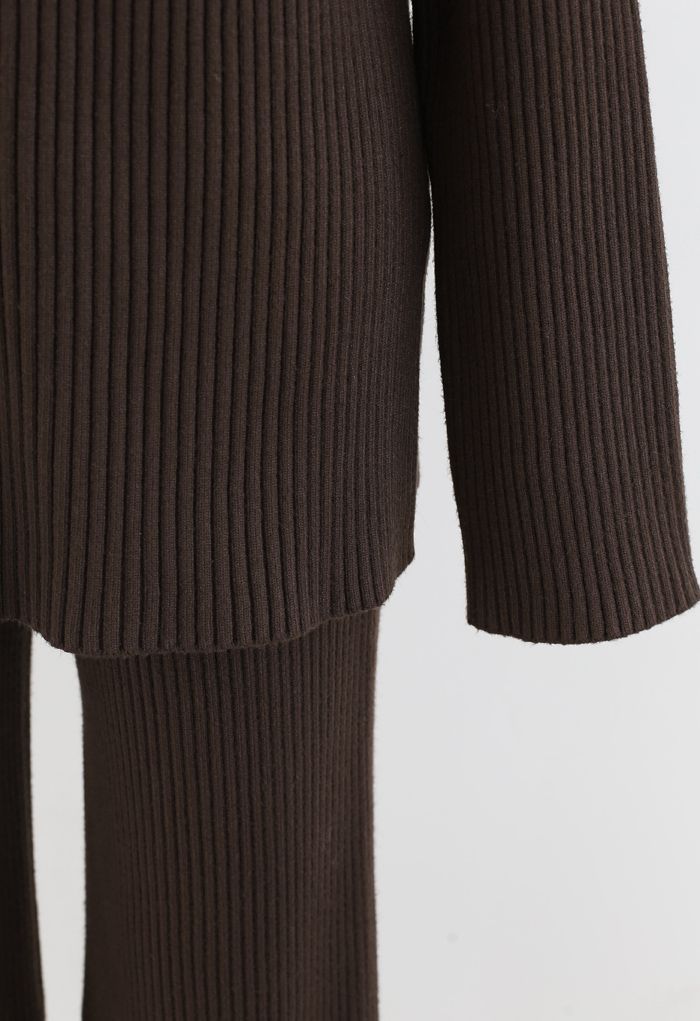 Rib Knit Split Hem Sweater and Pants Set in Brown