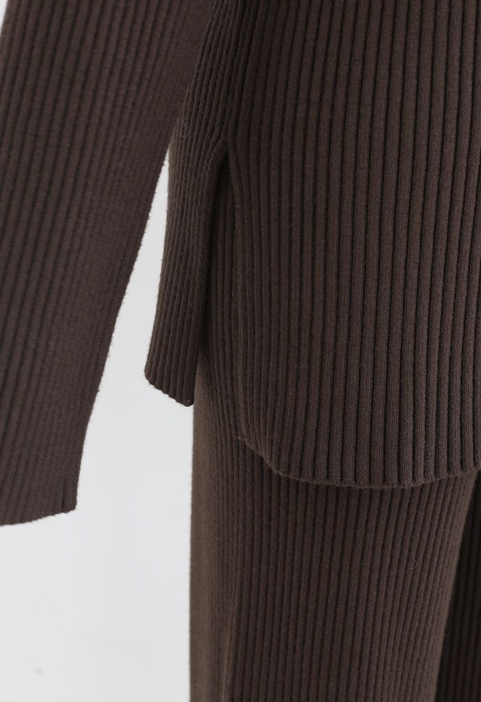 Rib Knit Split Hem Sweater and Pants Set in Brown