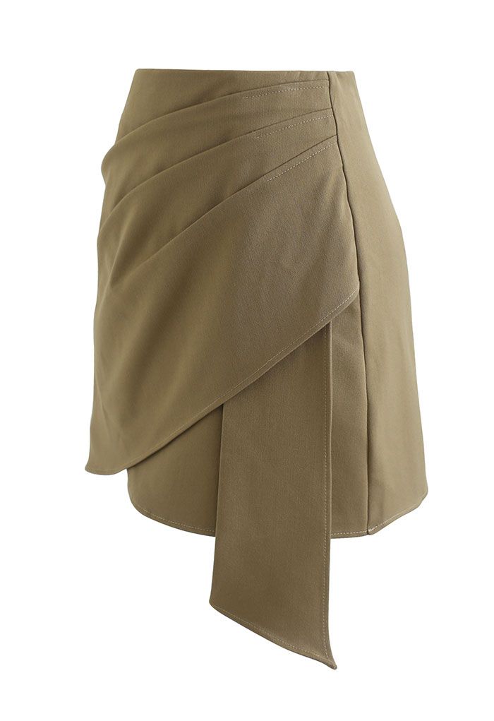 Ruched Pleated Asymmetric Mini Skirt in Khaki