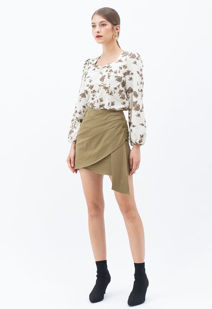 Ruched Pleated Asymmetric Mini Skirt in Khaki