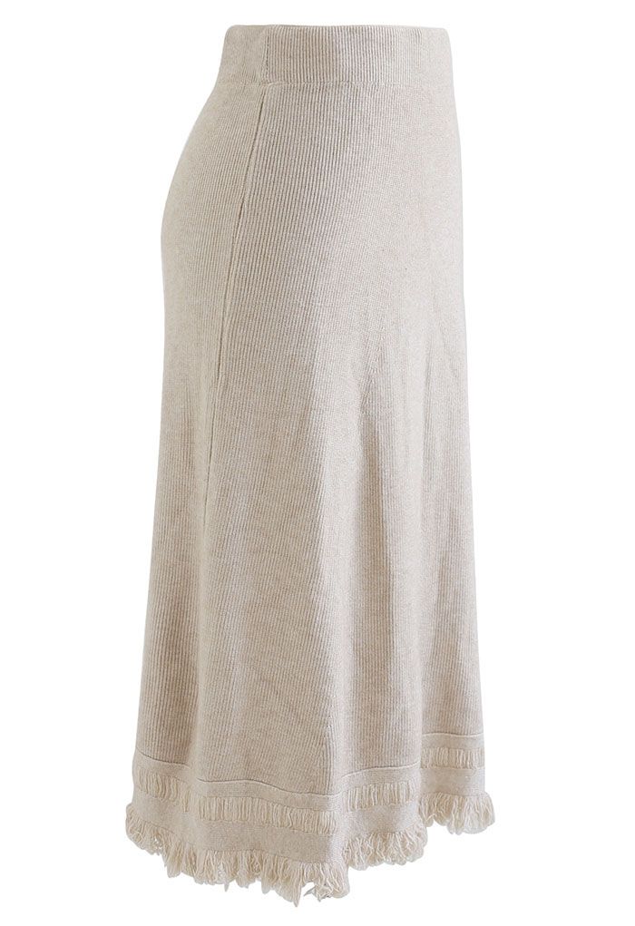 Fringed Hem A-Line Midi Knit Skirt in Linen