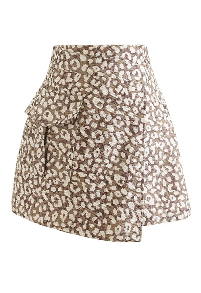 Shimmer Leopard Asymmetric Mini Skirt in Brown