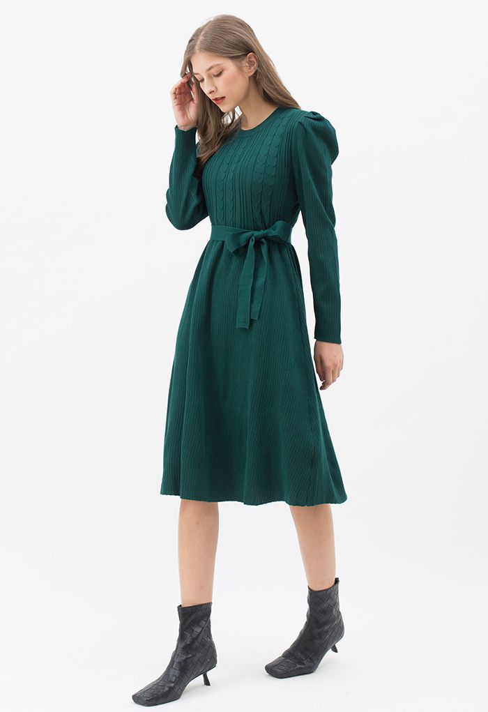 Braid Knit Gigot Sleeve Midi Dress in Dark Green