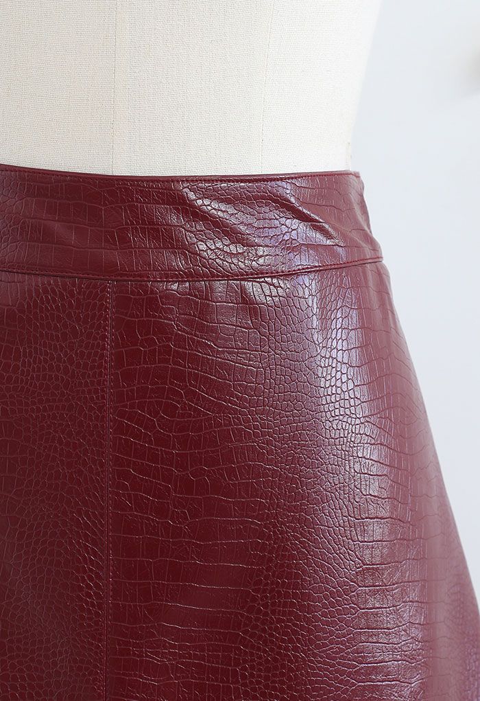 Crocodile Print Faux Leather Skirt in Burgundy