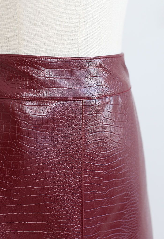 Crocodile Print Faux Leather Skirt in Burgundy
