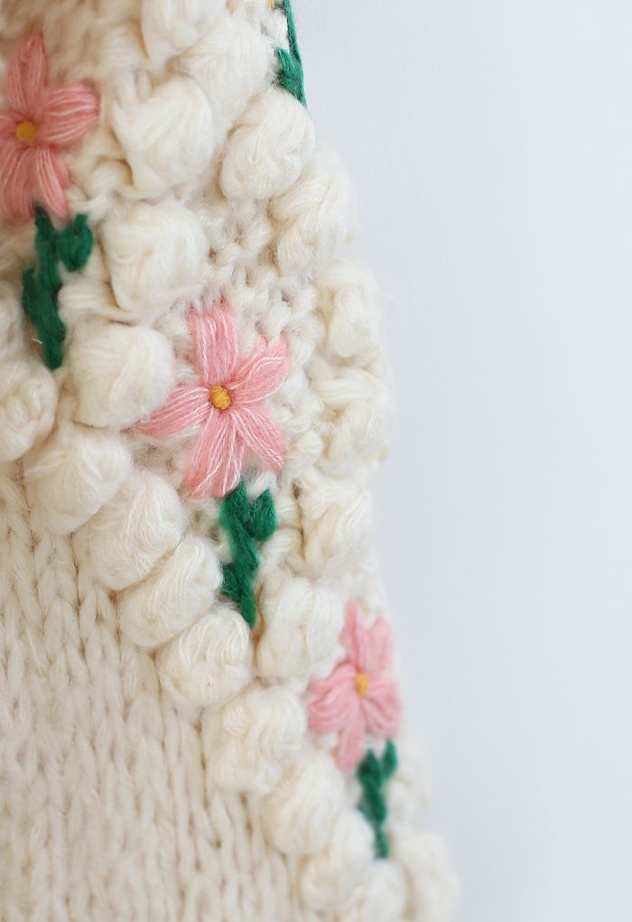 Stitch Floral Diamond Pom-Pom Hand Knit Cardigan