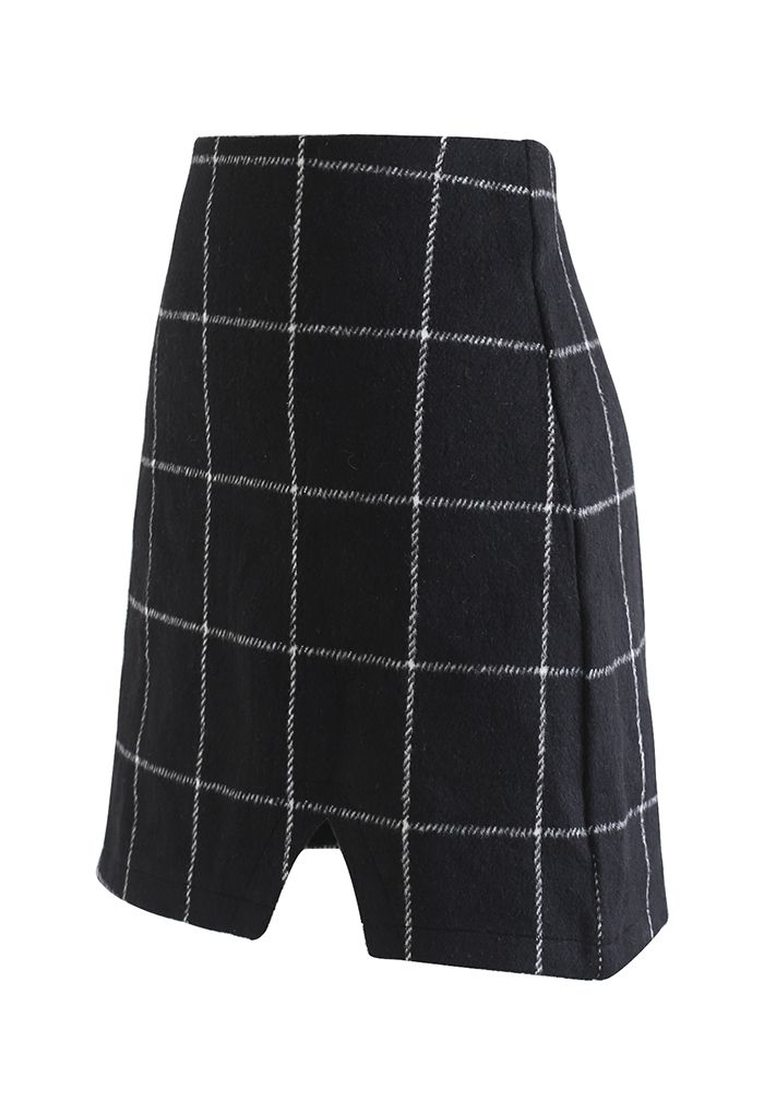 Black Grid Wool-Blend Mini Bud Skirt