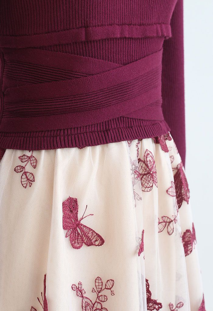 3D Butterfly Mesh Spliced Knit Dress in Red
