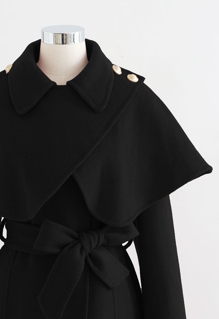 Wool-Blend Longline Coat with Cape Shoulder in Black