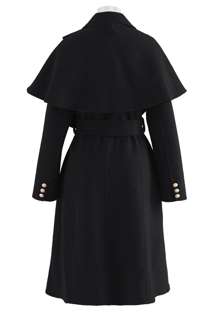 Wool-Blend Longline Coat with Cape Shoulder in Black