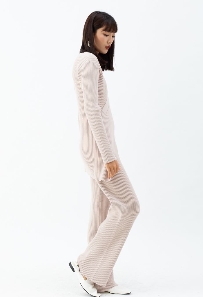 Cross Wrap Rib Knit Longline Sweater and Pants Set in Pink