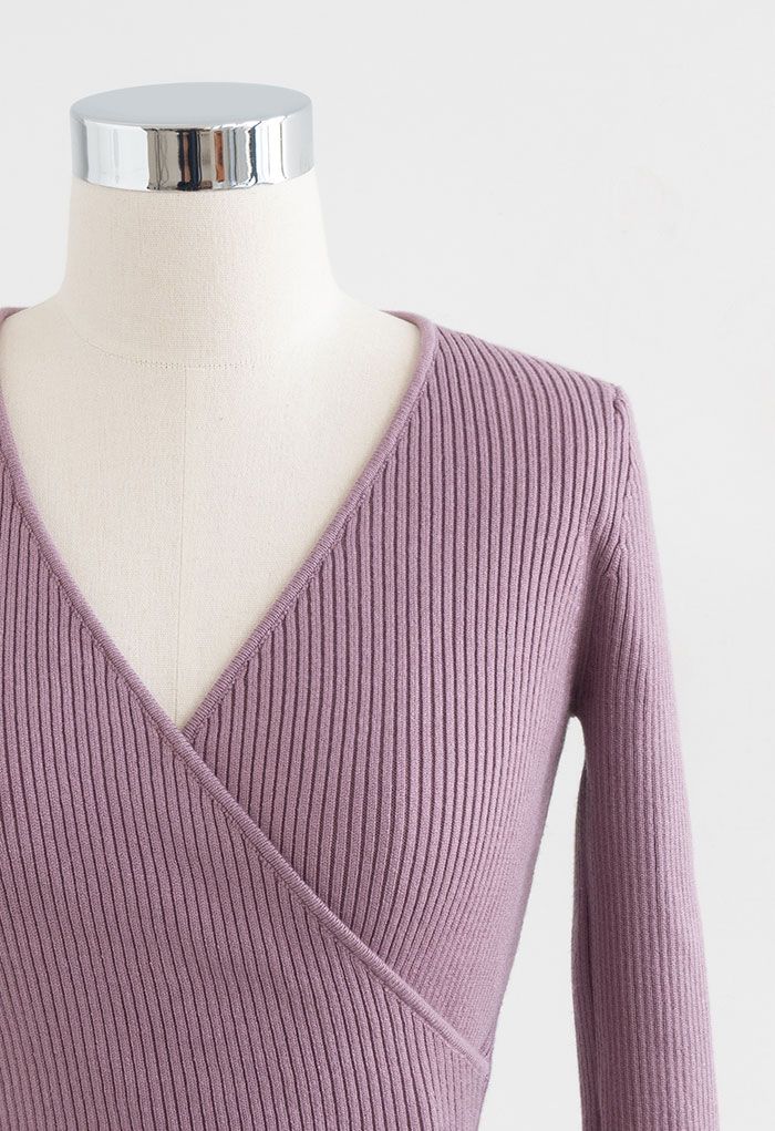 V-Neck Tie-Waist Wrap Knit Top in Lilac