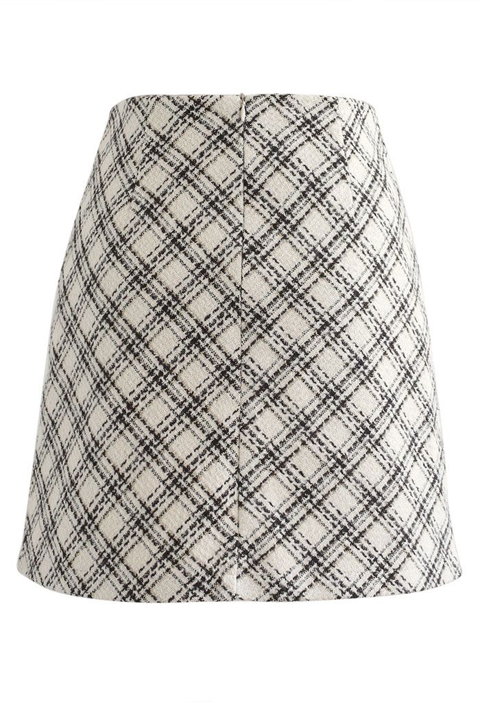 Plaid Pattern Tweed Mini Bud Skirt in Ivory