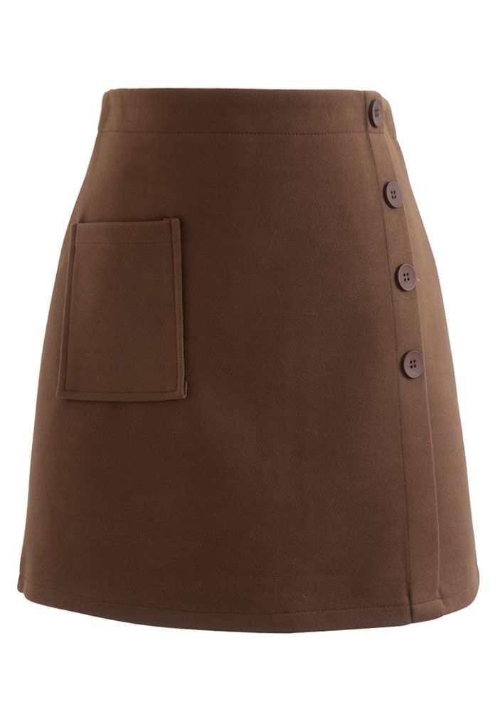 Button Decorated Wool-Blend Mini Bud Skirt in Caramel