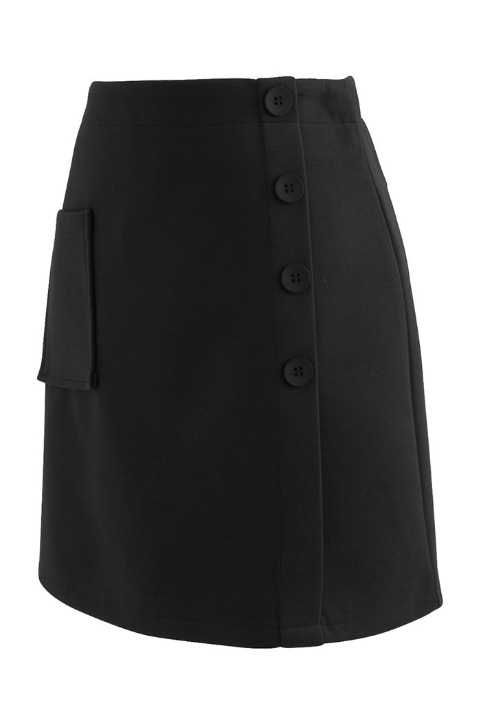 Button Decorated Wool-Blend Mini Bud Skirt in Black