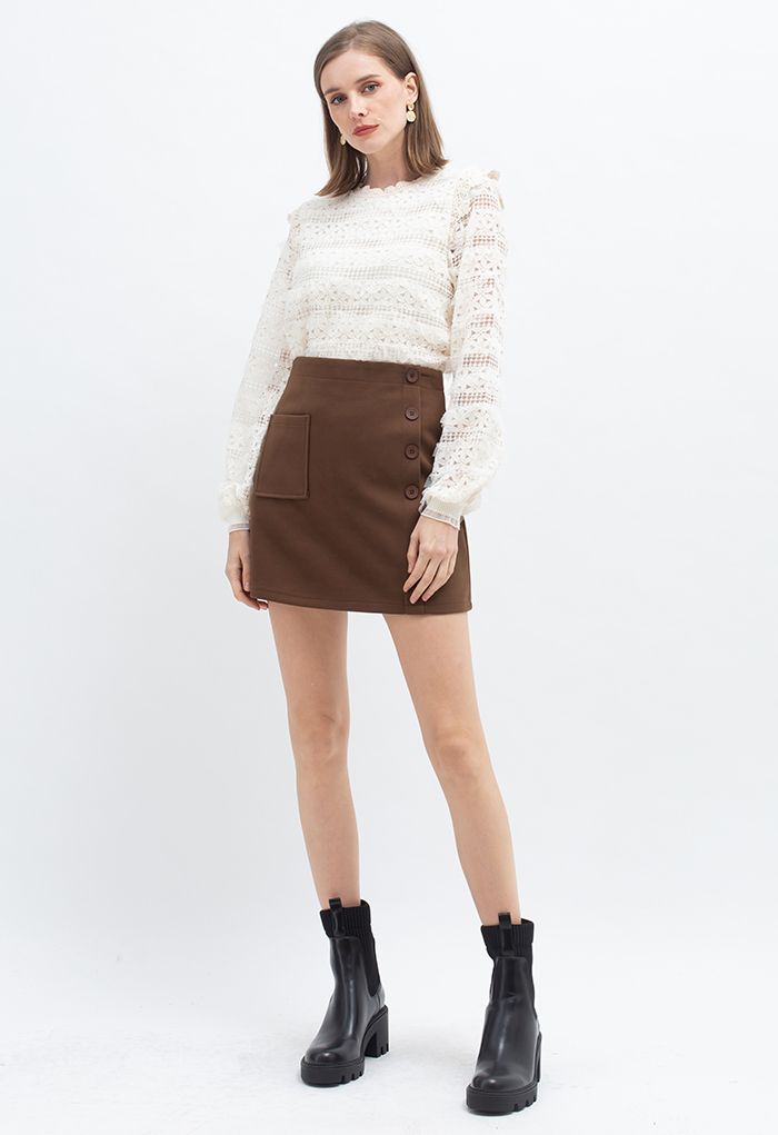 Button Decorated Wool-Blend Mini Bud Skirt in Caramel