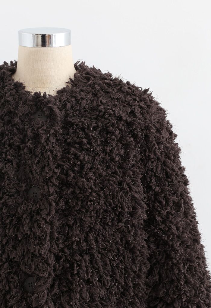 Collarless Shaggy Faux Fur Suede Coat in Brown
