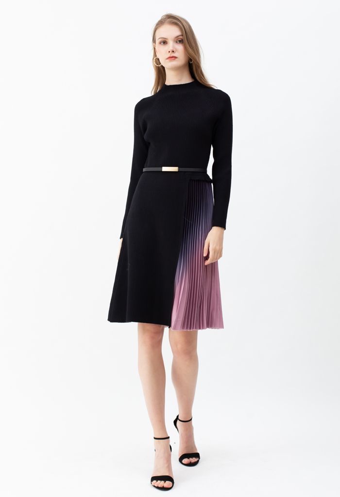 Gradient Pleated Splicing Belted Knit Dress in Black
