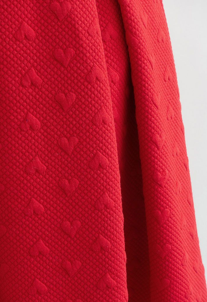 Red Airy Heart Embossed Pleated Skirt