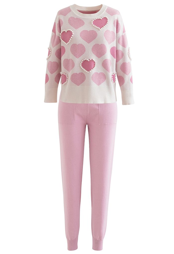 Pinky Heart Pearly Knit Sweater and Joggers Set