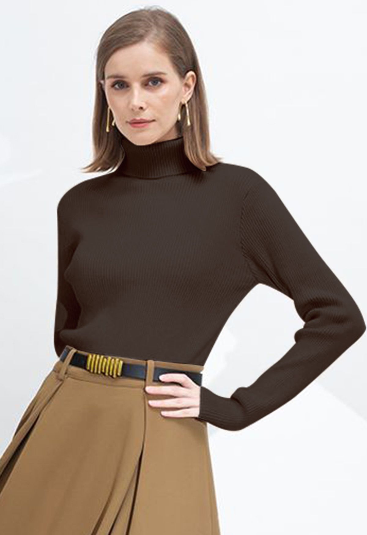 Turtleneck Long Sleeve Ribbed Knit Top in Brown