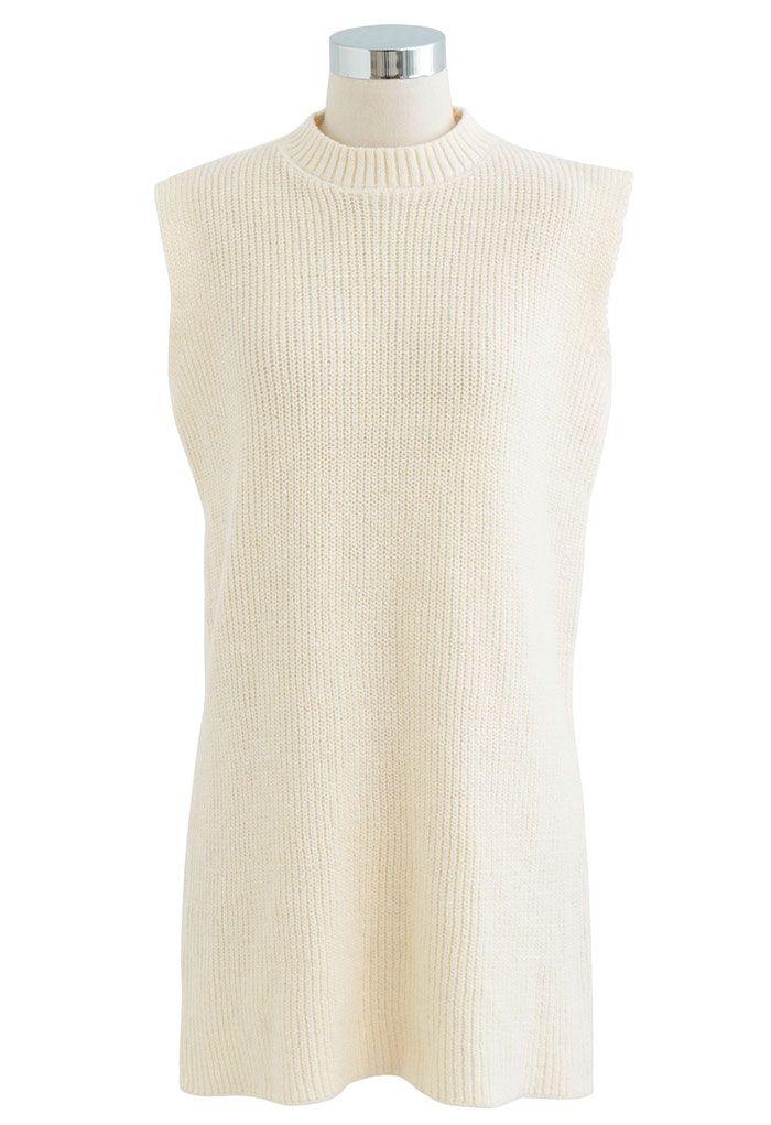 Mock Neck Crop Sweater and Sleeveless Knit Dress Set in Cream