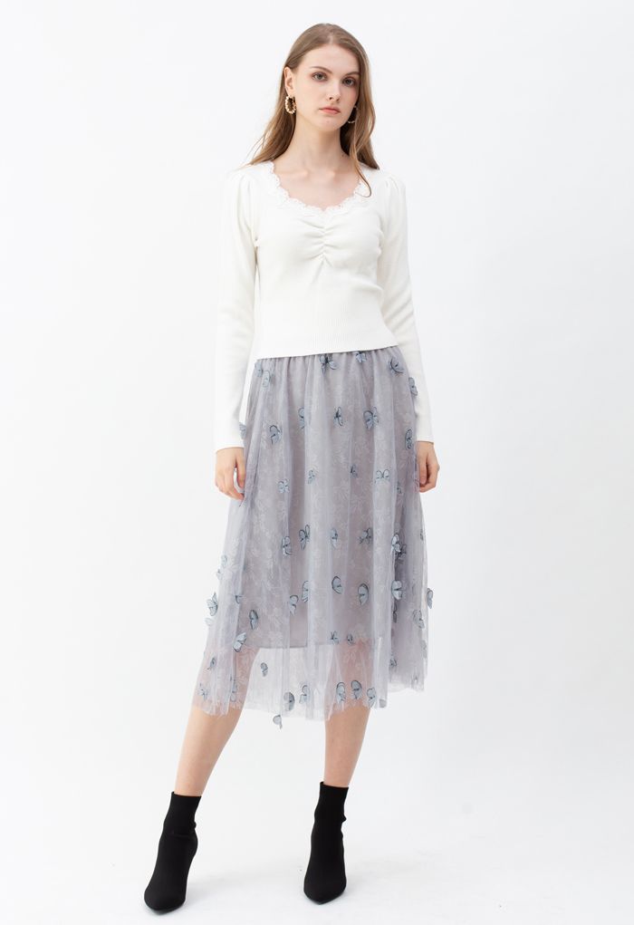 Double-Layered 3D Butterfly Lace Mesh Skirt in Grey